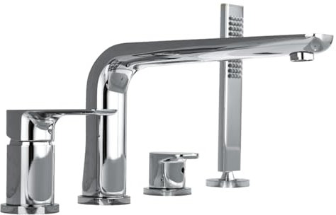 BiaoTeng Wannenrandarmatur 4 Loch mit Handbrause Messing Warm und Kalt Badewannenarmaturen mit Brause Chrom