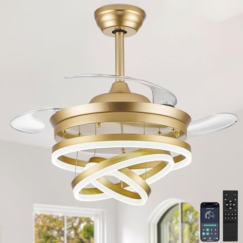 LEONTYNE Modern 36 Inch Retractable Ceiling Fan with Light and Remote,Chandelier Fan Design, DC Motor, 6 Speeds, Timer,Dimmable LED Fandelier Lamp for Bedroom Living Room Dining Room(Gold)