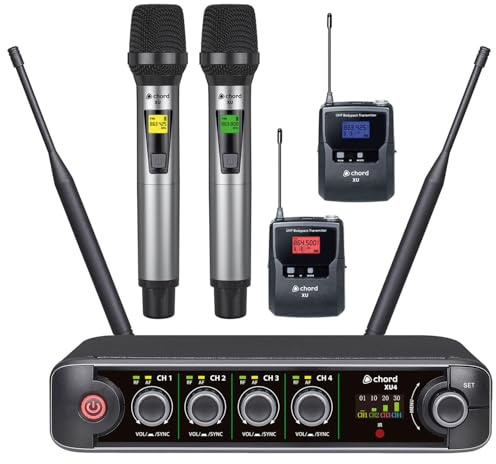 Chord XU4 Quad UHF Wireless Microphone System – 4 Mic Set with 2 Handheld & 2 Headset/Lapel Bodypack, Professional PA System for Karaoke, DJ, Fitness Class & Events UK