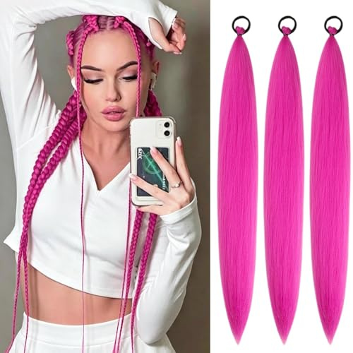 ColorfulPanda 3er-Pack Geflochtene Pferdeschwanz-Extensions HotPink, 26 Zoll Lange glatte Wrap-Around Haarextensionen mit Gummiband für Damen ideal für Party & Alltag