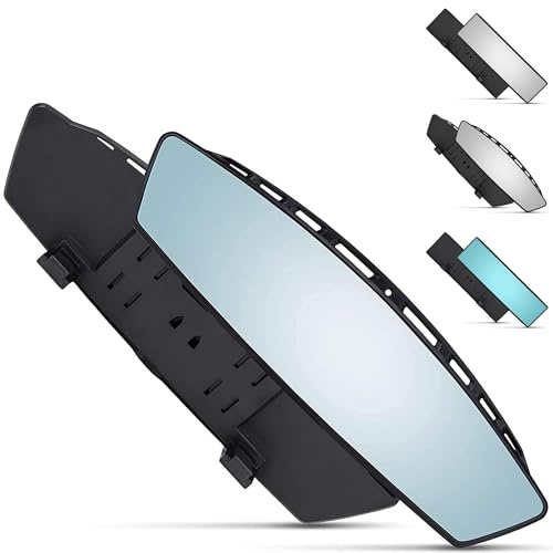 Universal 12 Inch Interior Curved Convex Rearview Mirror - Blue Tint - Clip On - Wide Angle - For Use in Car, SUV, Truck
