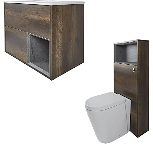 Milano Bexley Dark Oak 610mm Bathroom Vanity Unit Basin Toilet WC Unit Back to Wall Pan