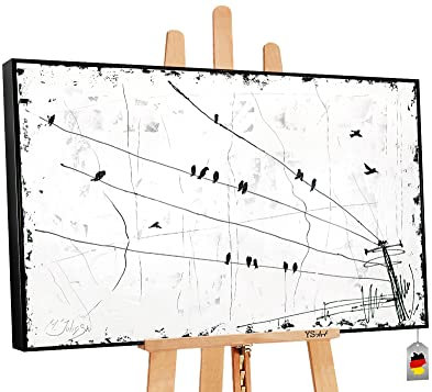 YS-Art Abstrakt Acryl Gemälde auf Leinwand Energie handgemalt Wandbild Wohnzimmer modern Wohndekor Bild schwarz weiß Vögel Künstlerin Marina Julinski 120x80 cm