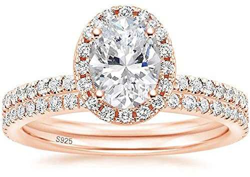 Zakk Women 925 Sterling Silver 1.5CT Oval Cubic Zirconia Wedding Band Promise Engagement Bridal Ring Set (Rose Gold,Size M 1/2)