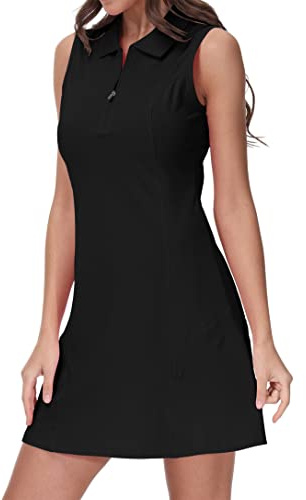 JINSHI Ladies Golf Polo Dress Sleeveless Cotton Plain Summer Pique Polo Dress for Women Black Size M