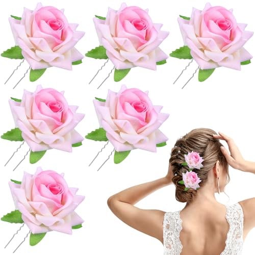 Lurrose 6pcs Rose Flower Hair Clip Pink Rose U-Shaped Hair Forks Bride Floral Bobby Pins for Women Wedding Party (Pink)