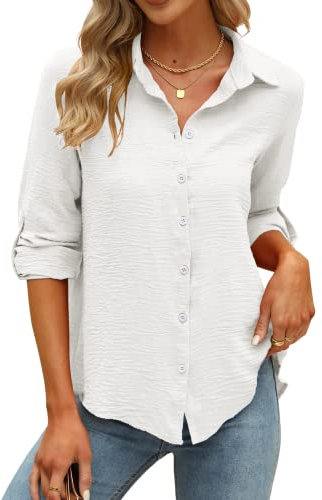 Odosalii Damen Longshirt Sommer Herbst Elegant 3/4 Arm Shirts Bluse V Ausschnitt Kariert Freizeit Leichte Langarm Tops Fashion Flowy Musselin Business Casual Weiss Oberteile Longbluse (Weiß,Medium)