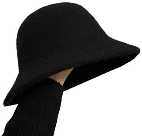 FORLUZ Fischerhut, Woll-Eimer-Hut-Frauen-Mode-Weinlese-Fischerhut-Hut-Herbst-Winter-warme Kappen-Filz-Hut-Faltbarer Flauschiger Eimer-Hut (Color : Black, Size : One Size)