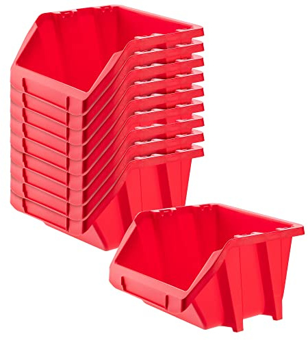 KADAX Storage Bins, Plastic Organiser for Workshop and Garage, Storage Boxes for Screws and Nails, Stacking Bins (Red, 272 x 238 mm, Set of 10)