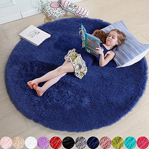 iyoimono Teppich Rund Hochflor Teppich Wohnzimmer Teppich Langflor Teppiche für Wohnzimmer flauschig Shaggy Schlafzimmer Kinderzimmer Bettvorleger Outdoor Carpet(Ø 120 cm Rund,Marineblau)