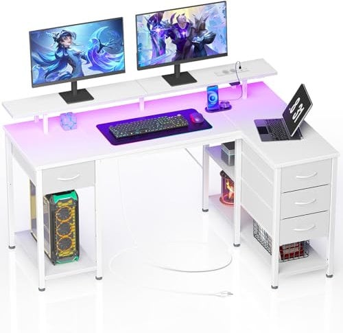 Seventable Computertisch L Form mit 4 Schubladen & Ablageflächen, Gaming Tisch mit LED & Steckdosen, Gaming Schreibtisch mit Monitorständer für Homeoffice, Schlafzimmer, Wohnzimmer (Weiß, 120 cm)