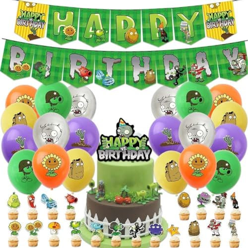 LKNBIF Decoración cumpleaños Zombies, Plantas Vs. Zombies Set de Decoración de Fiesta, 43 Pcs Suministros para Fiestas Suministros para niños, Incluido Globo Banner Kit