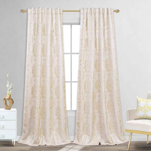Mrs.Naturall Goldfarbene Luxus-Vorhänge für Wohnzimmer, 228 cm lang, Rückenlasche, 50 % Verdunkelung, Jacquard-Druck, Damast, elegante Vorhänge für Schlafzimmer, 228 cm Länge, 2 Paneele Set