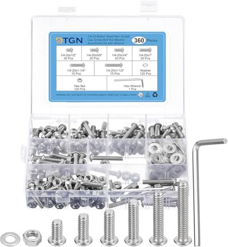 DTGN 360Pcs 1/4-20 Button Head Socket Cap Screws - 304 Stainless Steel UNC Thread 1/2,5/8,3/4,1,1-1/4,1-1/2 Bolt Nut Set Washer Assortment Kit & Wrench - Good for Machine