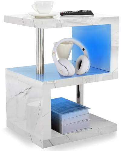 High Gloss Side Table with RGB LED Lights 2 Tier Shelf Bedside Table, Sofa Side Table End Table for Living Room Bed Side Tables for Bedroom Nightstand Cabinet Side Tables for Small Spaces