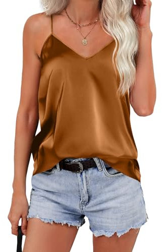 Zeagoo Top en Satin pour Femme Haut Spaghetti Col en V Soie Cami sans Manches T-Shirt D'éTé Bretelles RéGlables Basique Marron L