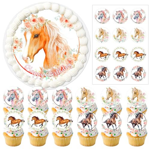 Essbarer Tortenaufleger Pferde Geburtstag,1 Stück Kuchendekoration zum Thema Pferd (20cm) und 12 Stück Pferde Cake Topper Tortendeko (6cm),Kuchendekoration zum Thema Pferd für Geburtstag Dekoration