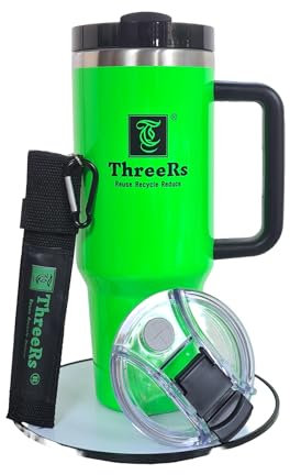 ThreeRs Quencher Travel Tumbler with Handle Straws Insulated Coffee Cup Telescopic Metal Straw, 2 Lids, Summer Water Bottle, Mug for Hot - Cold Drinks 40oz/1180ml Neon Colour (Green)