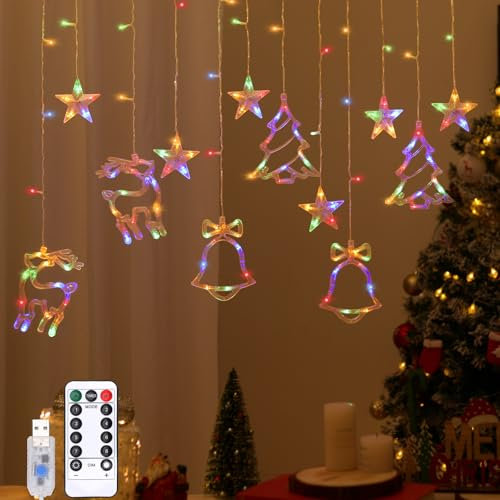 Lewondr 138 LED Weihnachtsvorhang Lichter, Rentier Glocke Weihnachtsbaum Hängende Lichter mit 6H Timer & 8 Modi, USB Betriebene Lichterketten, Weihnachtsdekoration für Home Party Indoor, Buntes Licht