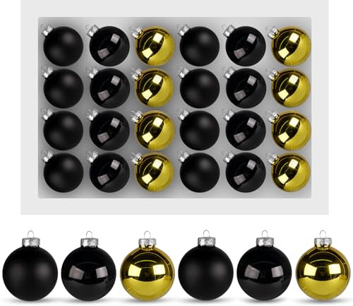 Anstore 24 Stück Weihnachtskugeln, Weihnachtskugeln aus Glas, Christbaumkugeln ∅ 6cm, Christbaumschmuck Matt, Glänzend, Glitzernd, Weihnachtsdeko für Feiertage und Partydekoration, Schwarz und Gold