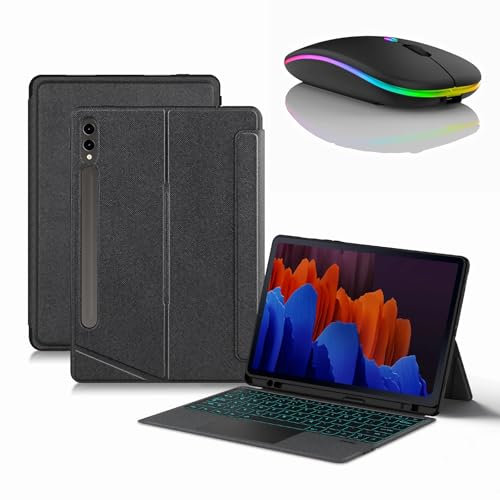 JZCZMCE Custodia con Tastiera per Samsung Galaxy Tab S7 Plus/S7 Fe/S8 Plus 12.4'', Tastiera Retroilluminati Wireless Staccabile con Supporto per Matita, Sottile Cover Folio con Mouse Bluetooth