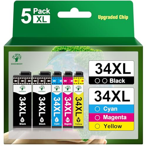 GREENSKY 34 34XL Kompatibel mit Epson 34XL 34 XL Druckerpatronen für Epson WF 3720 Druckerpatronen für Workfroce Pro WF-3720DWF WF-3725DWF WF3720 WF3725 WF 3725 WF-3720 WF-3725 Patronen (5-Pack)