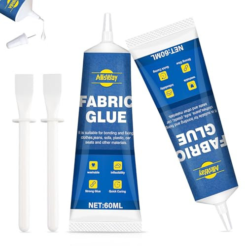 Allisway Colla per Tessuti Resistente ai Lavaggi, 60 Ml*2 Colla per Vestiti, Adatto per Riparare Borse in Cotone, Jeans, Borsa di Tela, Fatto a Mano, Trasparente, Flessibile