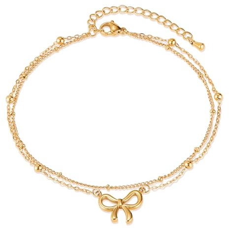 Estrellique Gold Fußkettchen für Damen Mädchen, Verstellbar 22+5/21+4CM Kette Fußkettchen, Doppelkette Kleine Anhänger Fußkette mit Perlmutter/Zirkonia, Wasserdichte Barfuß Sommer Strand Knöchelchen