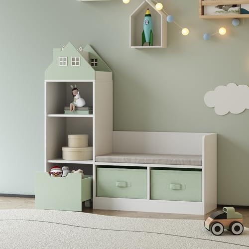 [en.casa] Kindersitzbank mit Regal Vipsali Sitzbank mit Stauraum Hausoptik Kinderregal mit 2 Aufbewahrungsboxen Kinderzimmer 100 x 99 x 30 cm Schuhbank mit Sitzfläche Mintgrün/Weiß