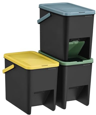 SONGMICS Cestino da Cucina Raccolta Differenziata, Set di 3 Pattumiere Impilabili 20 L, Smaltimento Rifiuti, Coperchi a Pressione, Adesivi, Contenitori, Giallo, Blu e Verde LTB763BZ01