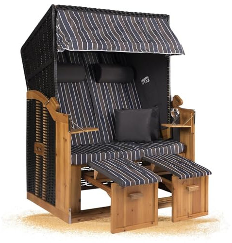 Strandkorb Hanse Strandkorb Ostsee XXL Volllieger Anthrazit - 2-Sitzer 120cm breit, ideal für Garten, Terrasse und Balkon (Blau Braun Weiß Gestreift, Montiert)