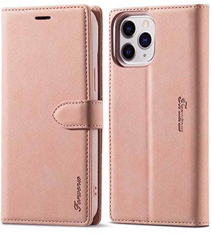 LOLFZ Wallet Case for iPhone 12 Pro, Vintage Leather Case Card Holder Kickstand Magnetic Closure Flip Case Cover for iPhone 12 Pro 6.1 inch - Rose Gold