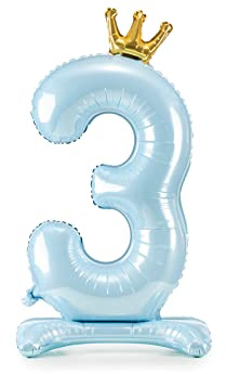 PartyDeco Balon Foliowy Stojący Cyfra 3 Niebieski ze Złotą Koroną Dekoracja Urodzinowa dla Chłopca Okrągłe Urodziny Girlanda Balonowa na Sylwestra Wieczór Panieński