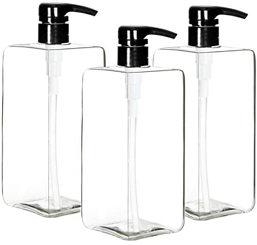 Youngever Lot de 3 Bouteille Pompe Shampoing 1L, Bouteille Pompe Vide Plastique 1000ML, Distributeur Flacon Pompe, Carre Transparent