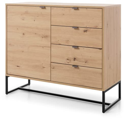 GRAINGOLD Kommode Anime Artisan Eiche T39 x B103 x H89 cm im modernen Stil – Sideboard mit Fächern und Schubladen, Metallbeine – Eleganter Schrank für Schlafzimmer, Wohnzimmer, Diele – Standschrank