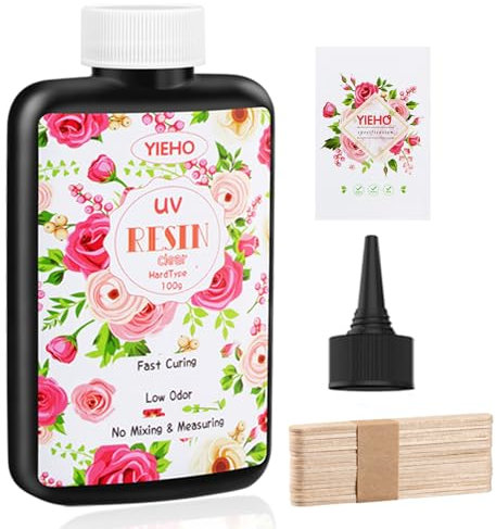 YIEHO UV Harz 100g, UV Resin Klar Kristallklares Transparent Hart UV Epoxidharz Starter Supplies für Schmuck Herstellung DIY Handwerk mit Holzstab