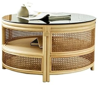 Table Basse Table Basse de Rangement en rotin, Table Ronde de Salon, Table Basse Ronde en Bois, Table Basse de Bureau en Verre décoratif Domestique Table de Jeu