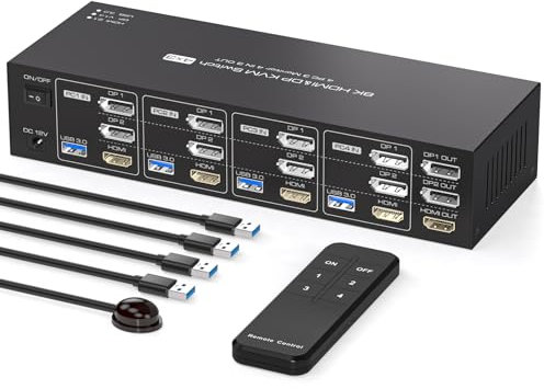 PVBCTCSID 8K 2 Displayport HDMI KVM Switch 4 Computers 3 Monitors 4K144Hz for 4 PC Sharing Triple Monitor and 4 USB 3.0 port with Remote Control Support Extended Copy Mode(Not supporting EDID)