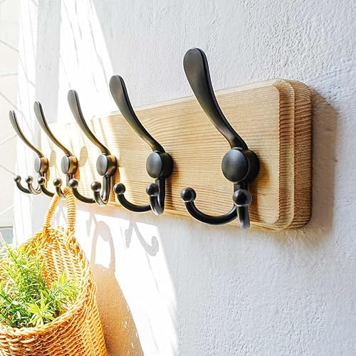 Dseap Garderobe, Garderobenhaken - Robust Vintage Garderobenleiste Holz mit 5 Dreifachhaken, Kleiderhaken Wand, Hakenleiste, für Jacken Mäntel Handtaschen, Hellbraun & Schwarz