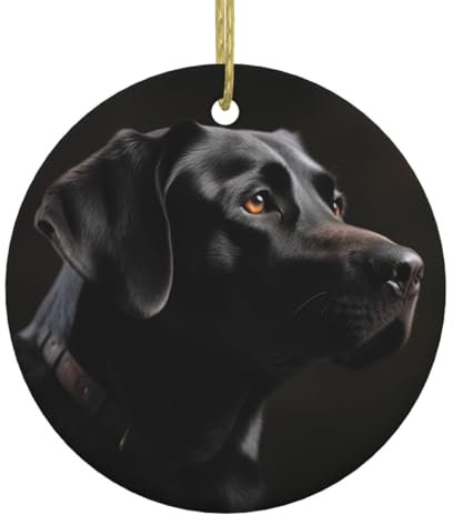 Black Labrador Christmas Ornament Round Ceramic Hanging Ornaments for Christmas Tree Holidays Ornaments with Gold Rope Hanging Porcelain Pendants for Party Xmas Decoration