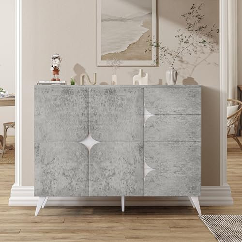 Wyibwy Moderner Sideboard mit 4 Schubladen und 4 Türen, Blumenförmiger Look, Betongrau mit Weißen Rautenförmigen Details, 120 x 35,5 x 94 cm, Grau, Wohnzimmer, Esszimmer
