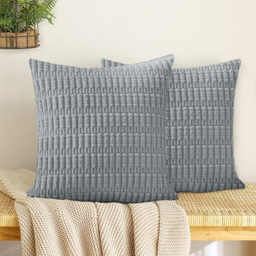Bonhause 2er Set Kissenbezüge Grau 45 x 45 cm Weicher Cord Gestreift Dekorative Kissenhülle Zierkissenbezüge für Sofa Schlafzimmer Wohnzimmer Auto Zuhause Dekoration