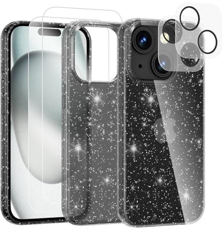Noyabox for iPhone 15 Clear Glitter Case with 2 Screen Protectors, Sparkling Soft Transparent TPU Bumper Scratch-Resistant for Women and Girls, Black