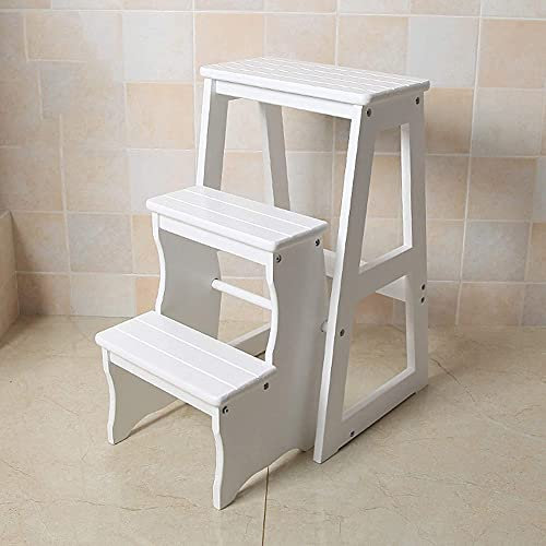 Klapphocker, klappbare Trittleiter aus Holz, 3 Stufenhocker, Holzleitern, kleine Fußhocker, for den Innenbereich, tragbar(White)