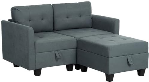 HOMCOM Convertible Modular Sectional Sofa with Storage, Tufted 2 Seater Sofa Set, L Shaped Couch with Ottoman, Wood Frame for Living Room, Dark Grey