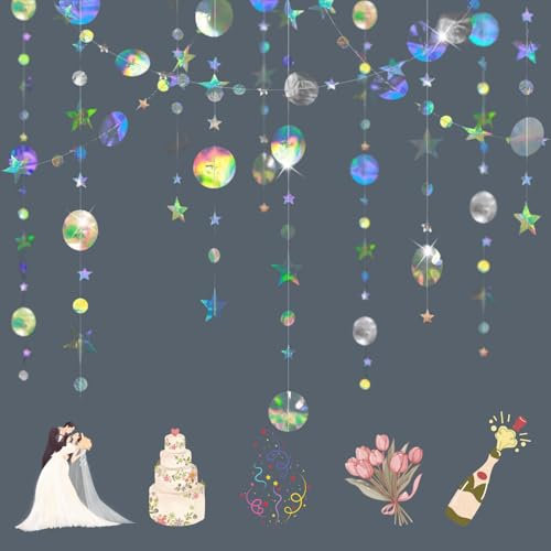 52 Ft Bunt Glitzer Papier Circle Stern Garland, 4 Stücke Glitzer Girlande, Iridescent Hängende Papier Girlande für Geburtstag Hochzeit Silvester Karneval Jubiläen Hochzeiten Dekoration