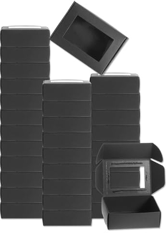 QUARKZMAN 32 Stück Seifenverpackungsschachteln 2,4x3,3x1,2 Zoll Kraftseifenschachtel mit Fenster geschenkschachtel für Bäckerei Süßigkeitenverpackung Schmuckdisplay (Rechteck, Schwarz)