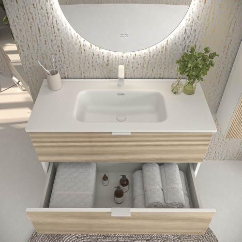 VARO BATH | Mueble de baño suspendido Adam - Acabado BASTILLA/Blanco con Lavabo Porcelana Blanco/Negro (2 Cajones) (Lavabo Blanco, 90cm de Ancho+)