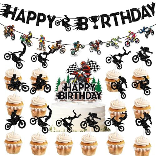 YUEcthynous Motorrad Geburtstagsdekoration,19 Stück Party Zubehör einschließlich Banner Motorrad,Cake Toppers,Happy Birthday Party Dekoration für Geburtstag von Männern oder Jungen