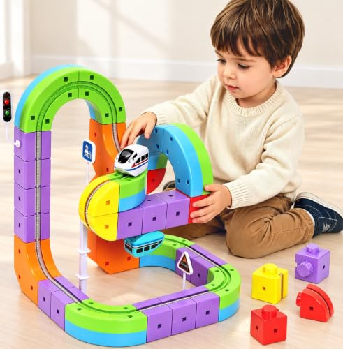 Umikk Click Rail Electric Train Set, 48 PCS Magic Rail Track (48 Stück) | Flexibler DIY Cube Track mit Antigravitationsfahrt, STEM Bildschirmloses Spielzeug für Jungen und Mädchen ab 3 Jahren